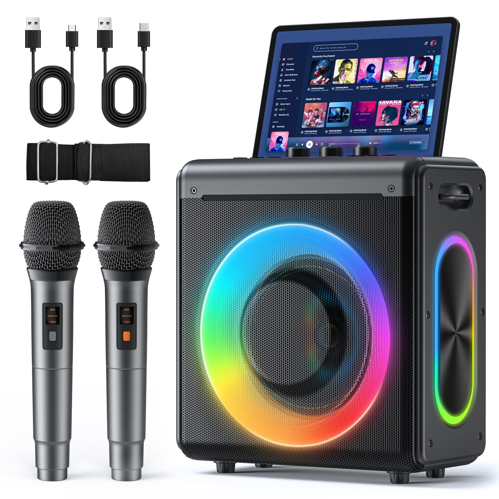VERKB Karaoke Machine with 2 Wireless Microphones Portable Bluetooth Speaker ...
