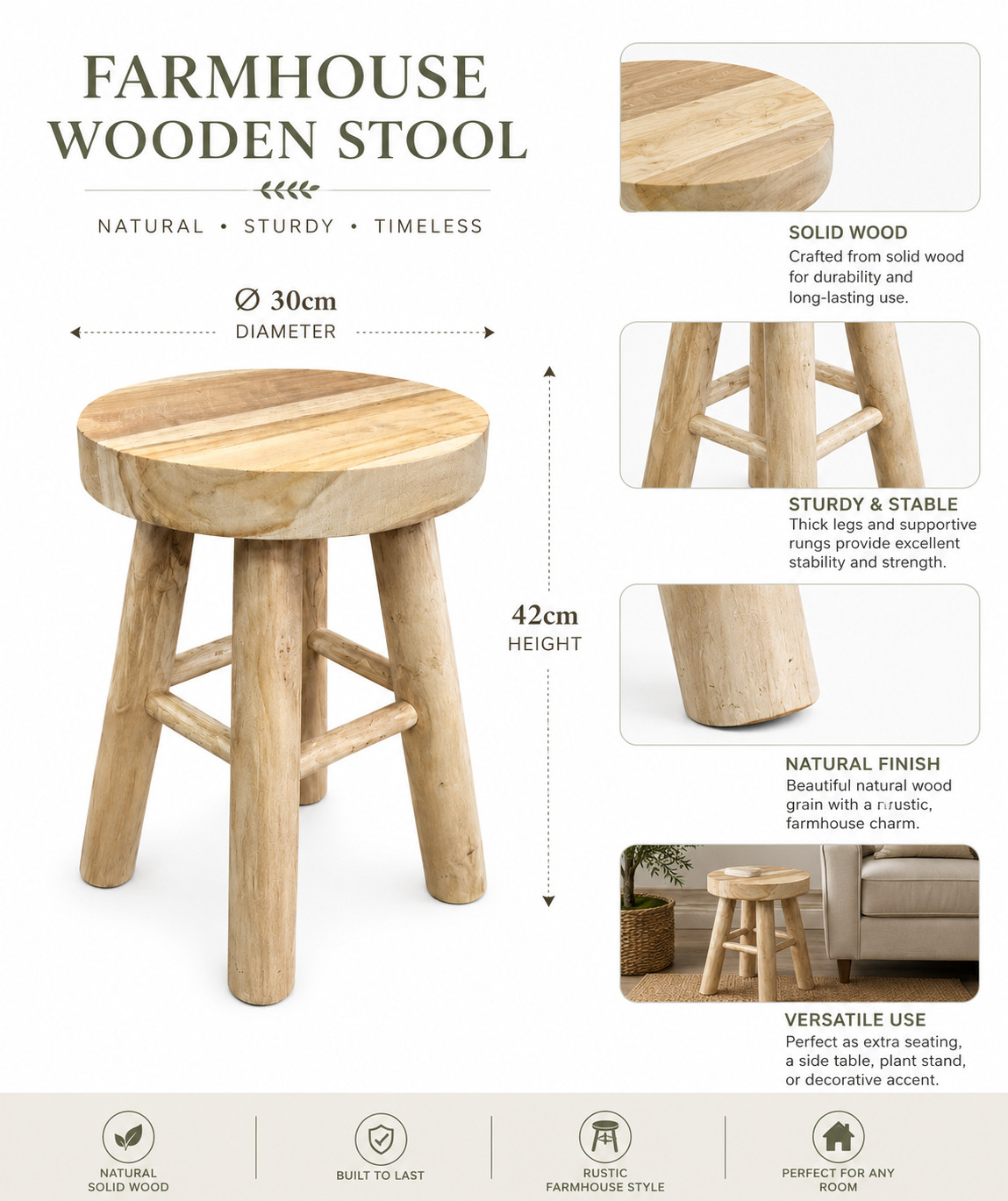 Rustic Wooden Stool Farmhouse Side Table Solid Wood Seat Kitchen Bathroom