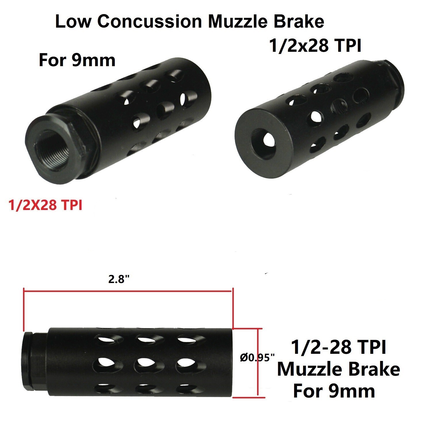 Black 1/2x28 TPI Slant Forward Port Low Concussion Muzzle Brake Anodized For 9mm