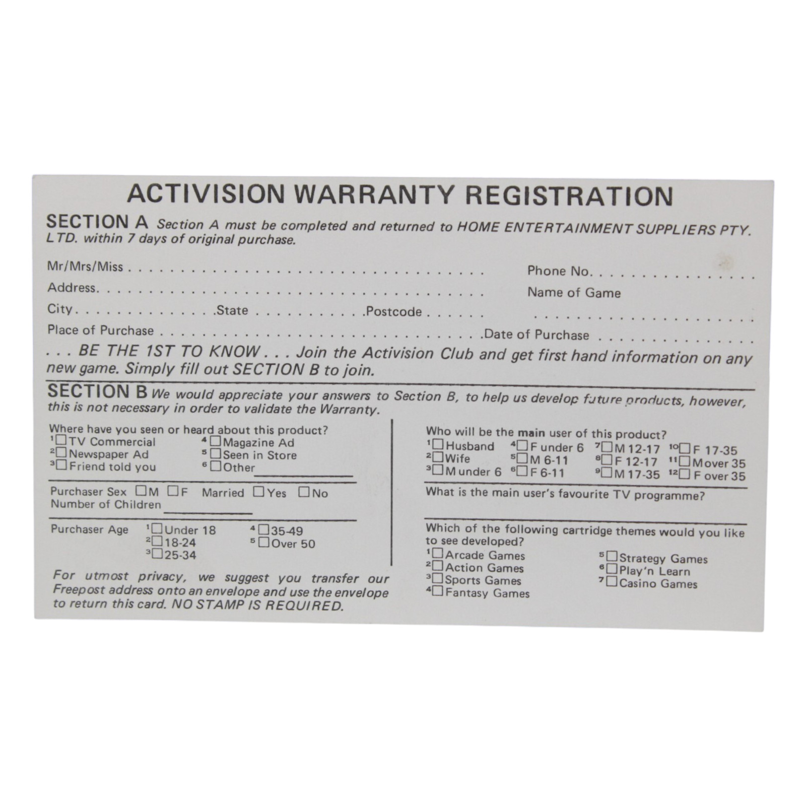 Activision Warranty Registration Freepost No.4 SNES, NES, Join The Club Now!