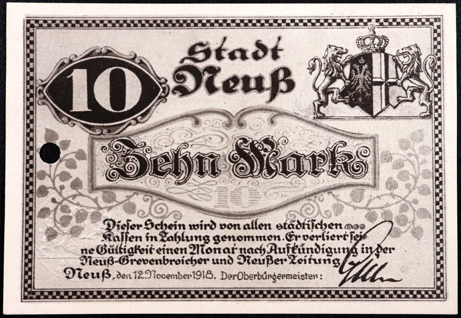NEUSS 1918 10 Mark Grossnotgeld German Notgeld Banknote