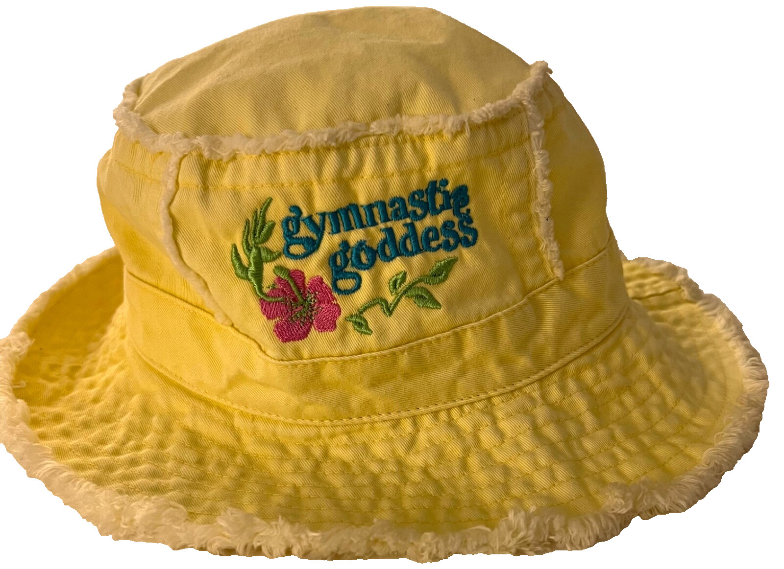 “GYMNASTIC GODDESS” EMBROIDERY FUN FRING WASHED COTTON YELLOW BUCKET HAT Sz L