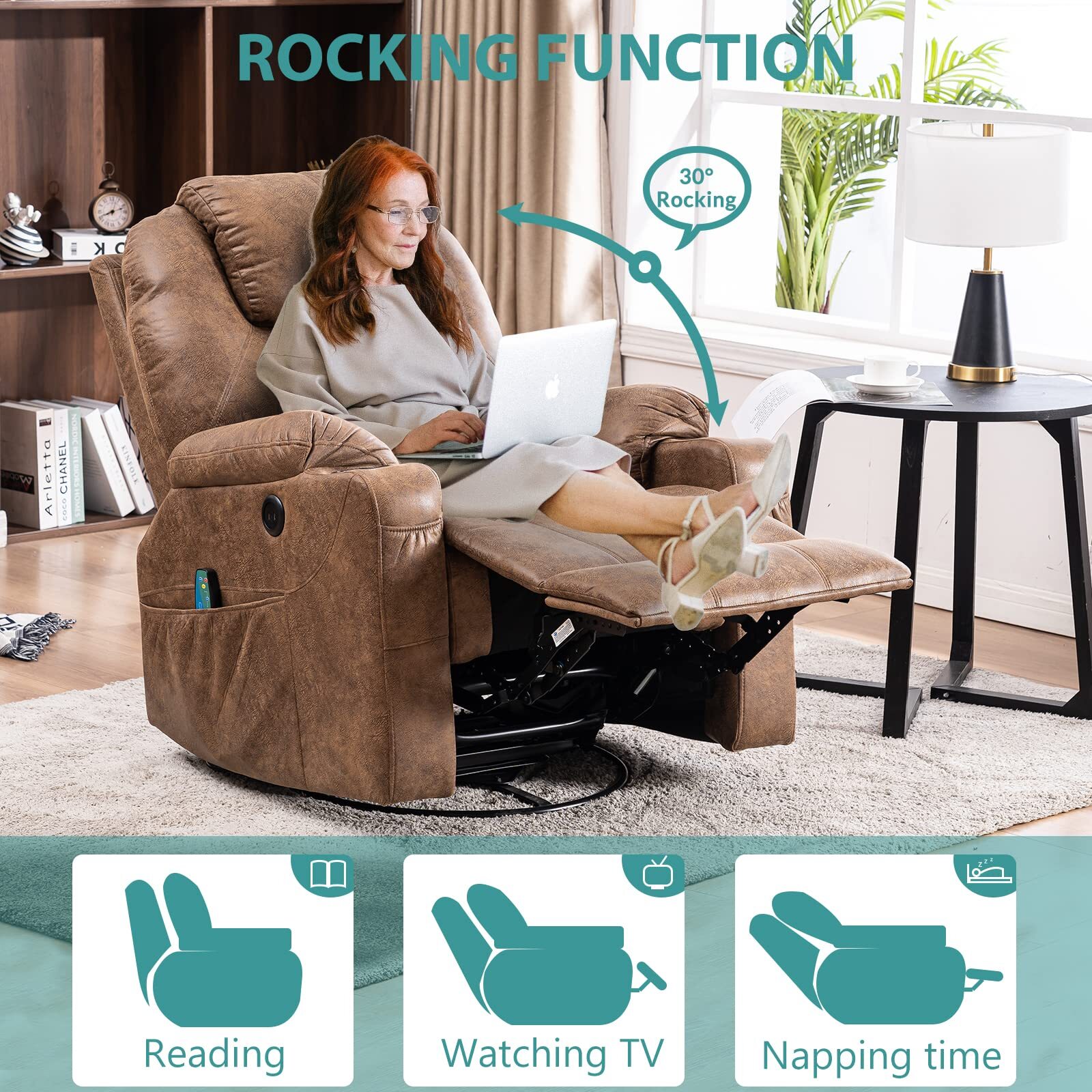 Massage Recliner Chair Swivel Rocker Glider Heated Rocking Recliner W/ USB Ports