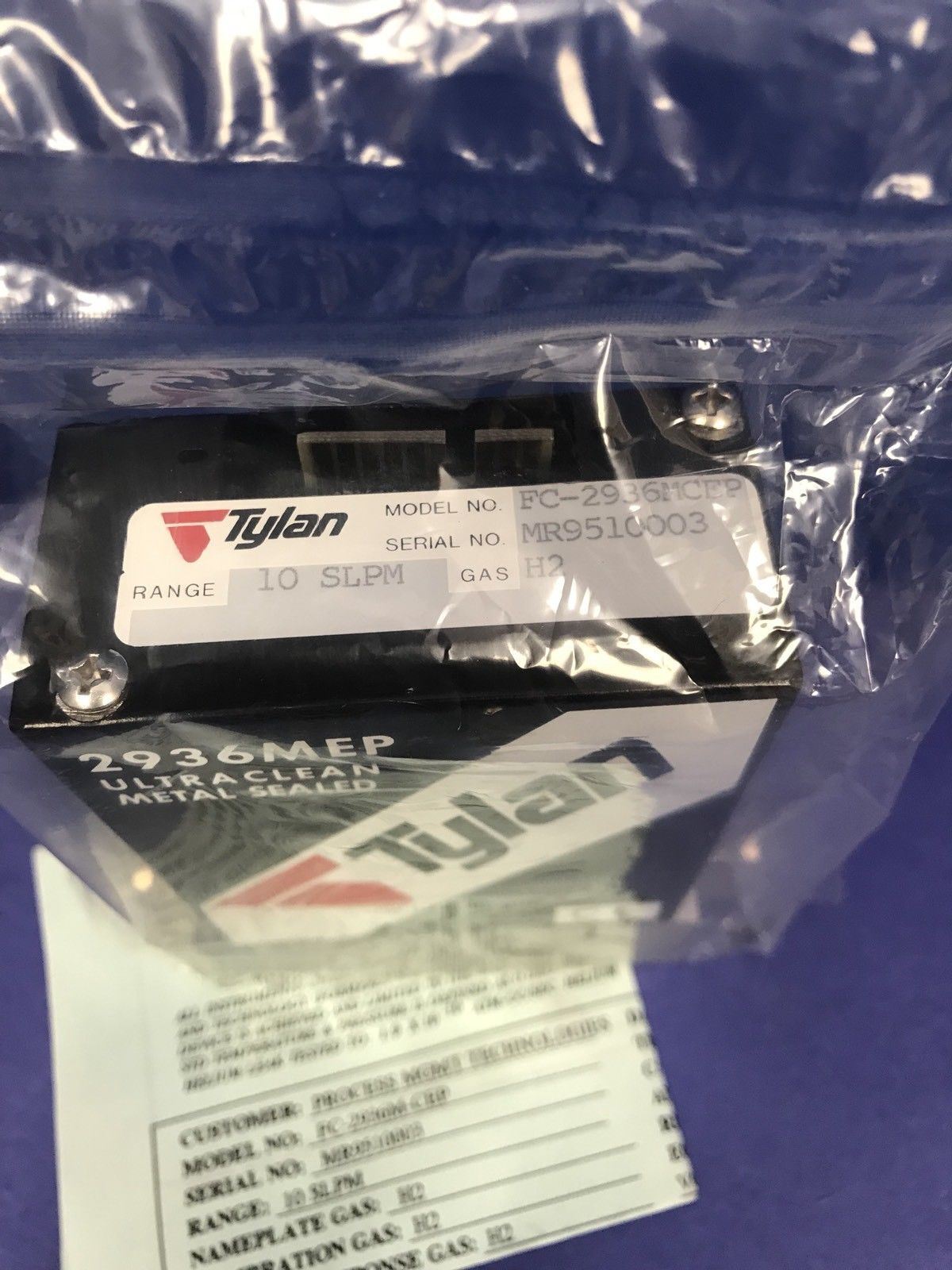 Tylan 2936MEP MFC Mass Flow Controller H2, 10 SLPM, Rfrb