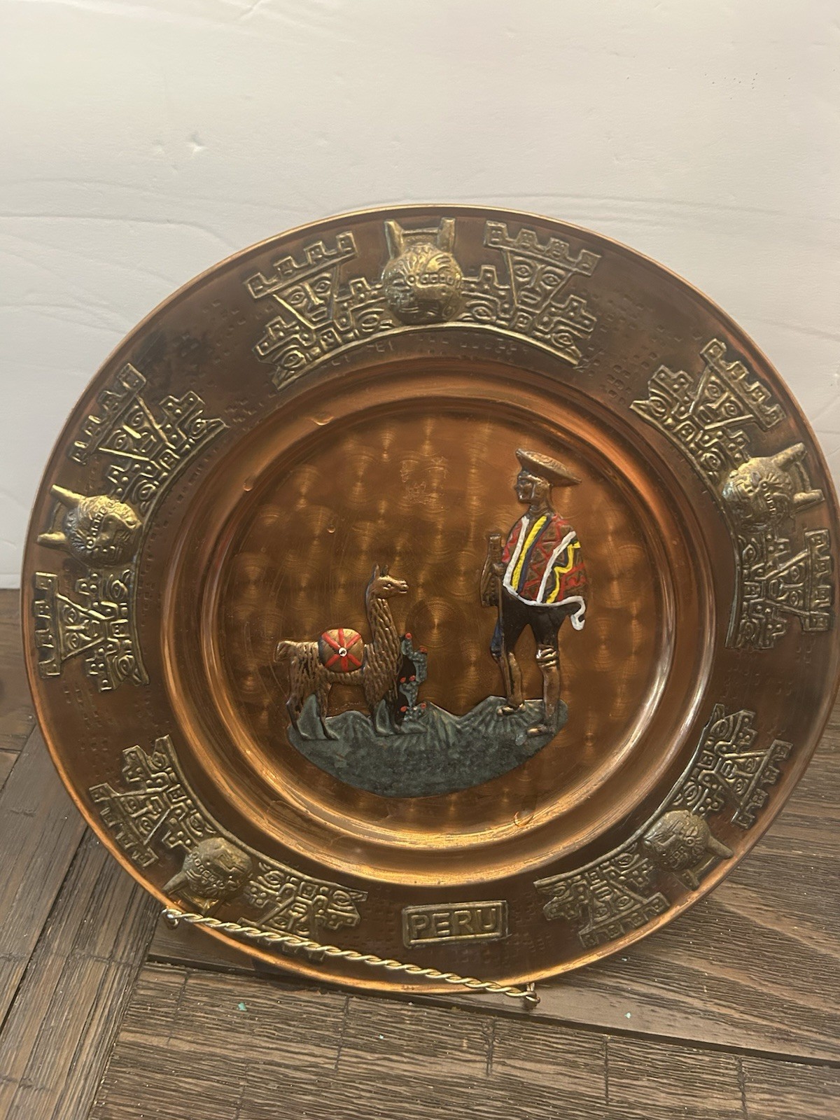Peruvian Handmade Copper Decoration Plate With Llama & Man  11”