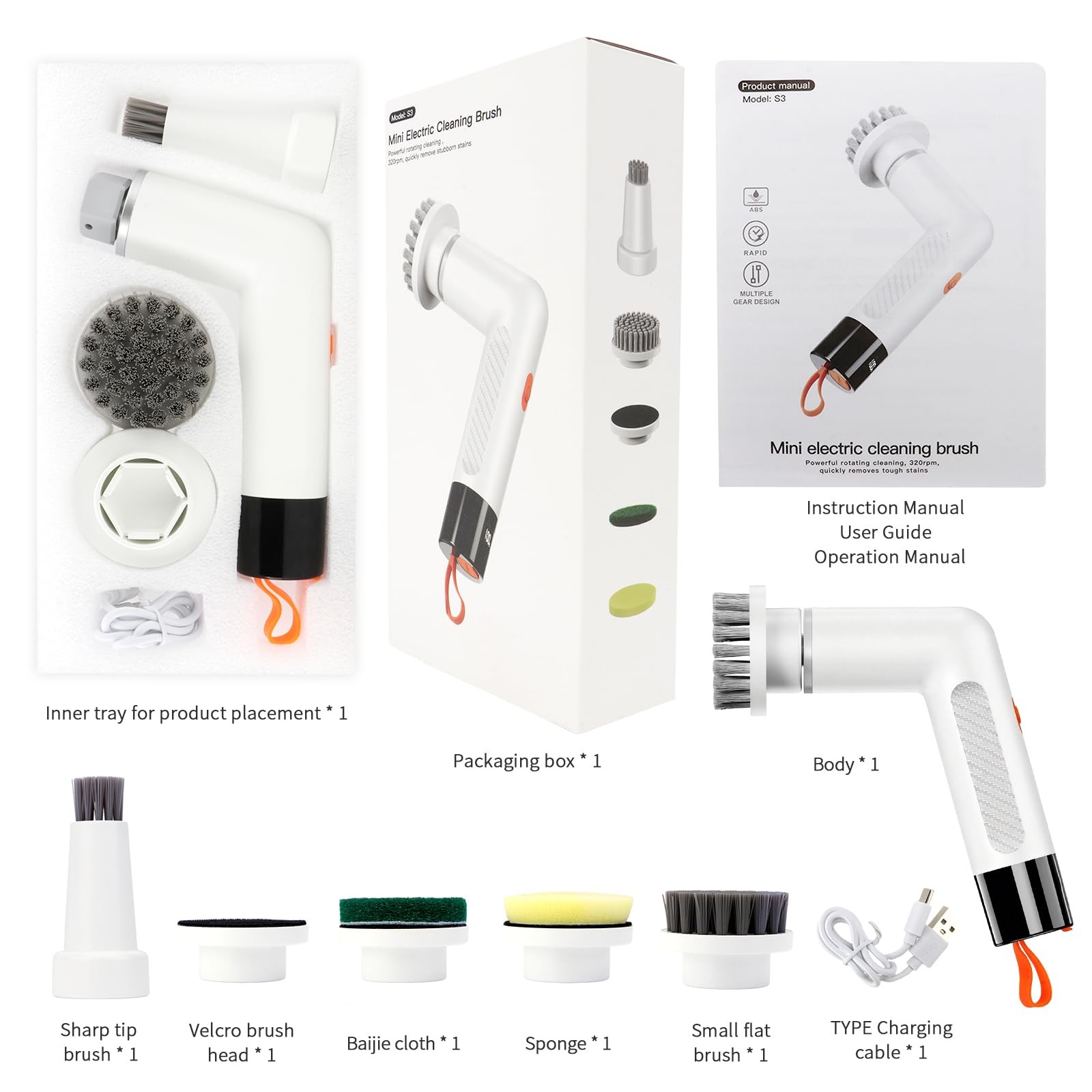S3 Electric Spin Scrubber: Cordless Handheld Power Brush with 5 Interchangeab...