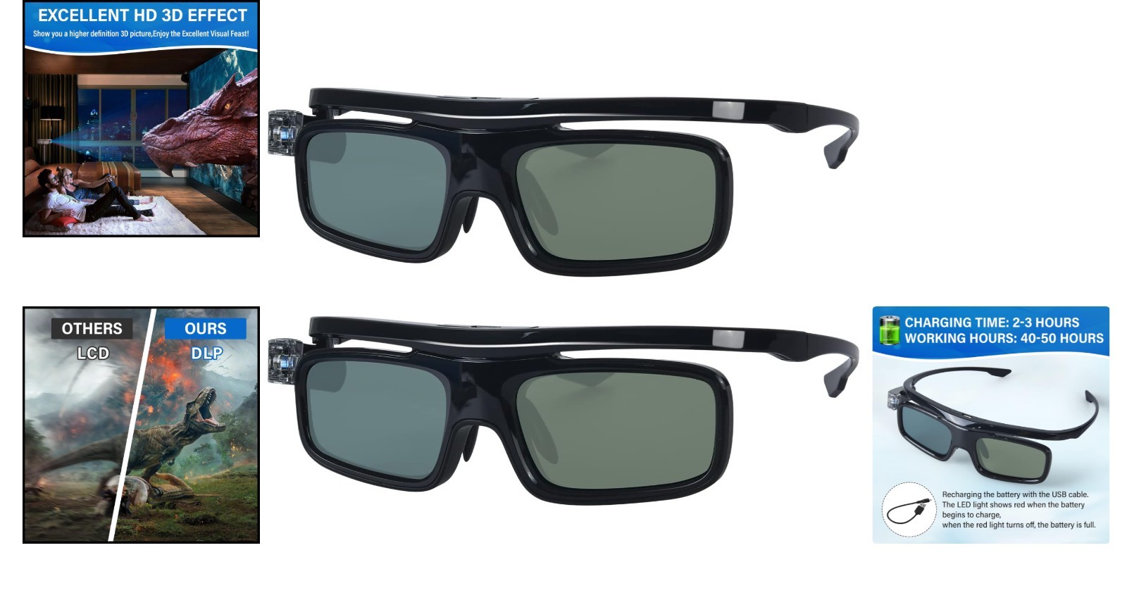 3D Glasses, Active Shutter Rechargeable Eyewear for 3D DLP-Link Projectors Co...