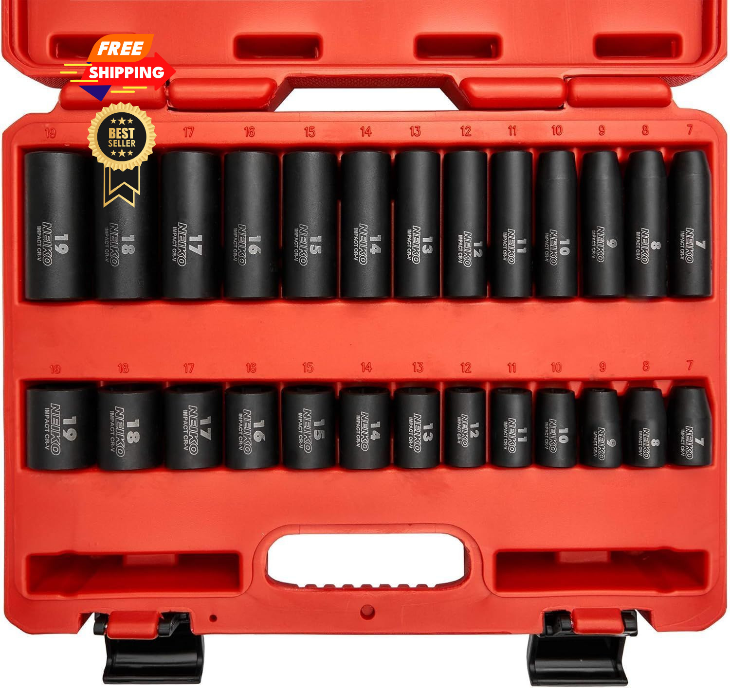 NEIKO 02433A 3/8” Drive Standard and Deep Metric Impact Socket 26 Piece, Red