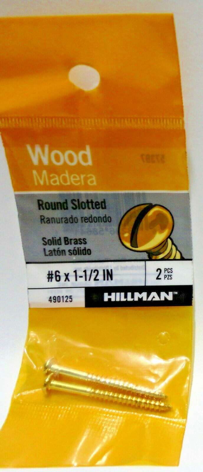 2-Pk Hillman Round Slotted Wood Screw  #6 x 1-1/2" Solid Brass 57397