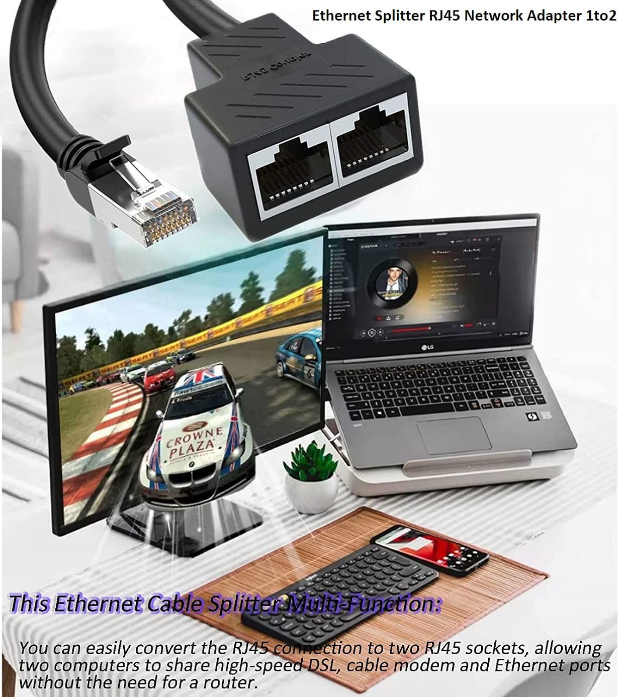 Ethernet Splitter 1 to 2 RJ45 Network Cable Adapter, Note Only Connect one Ne...