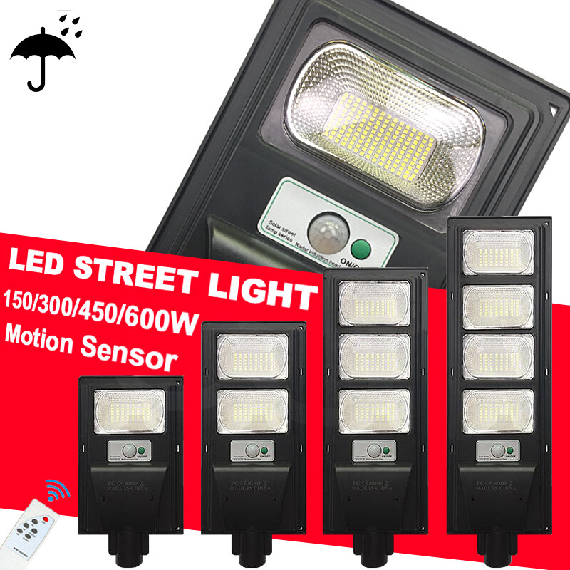 150W-600W LED Solar Street Dusk To Dawn IP66 Outdoor Yard Road Lamp FloodLights