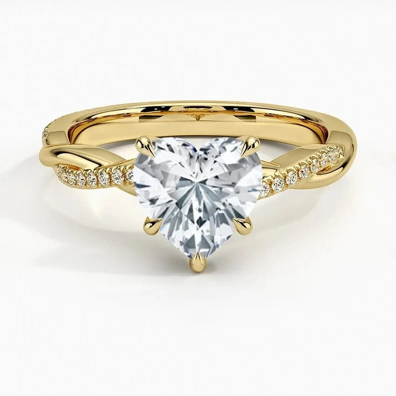 White Moissanite 3.10 Ct Heart Cut Prong Wedding Ring 14K Yellow Gold Finish