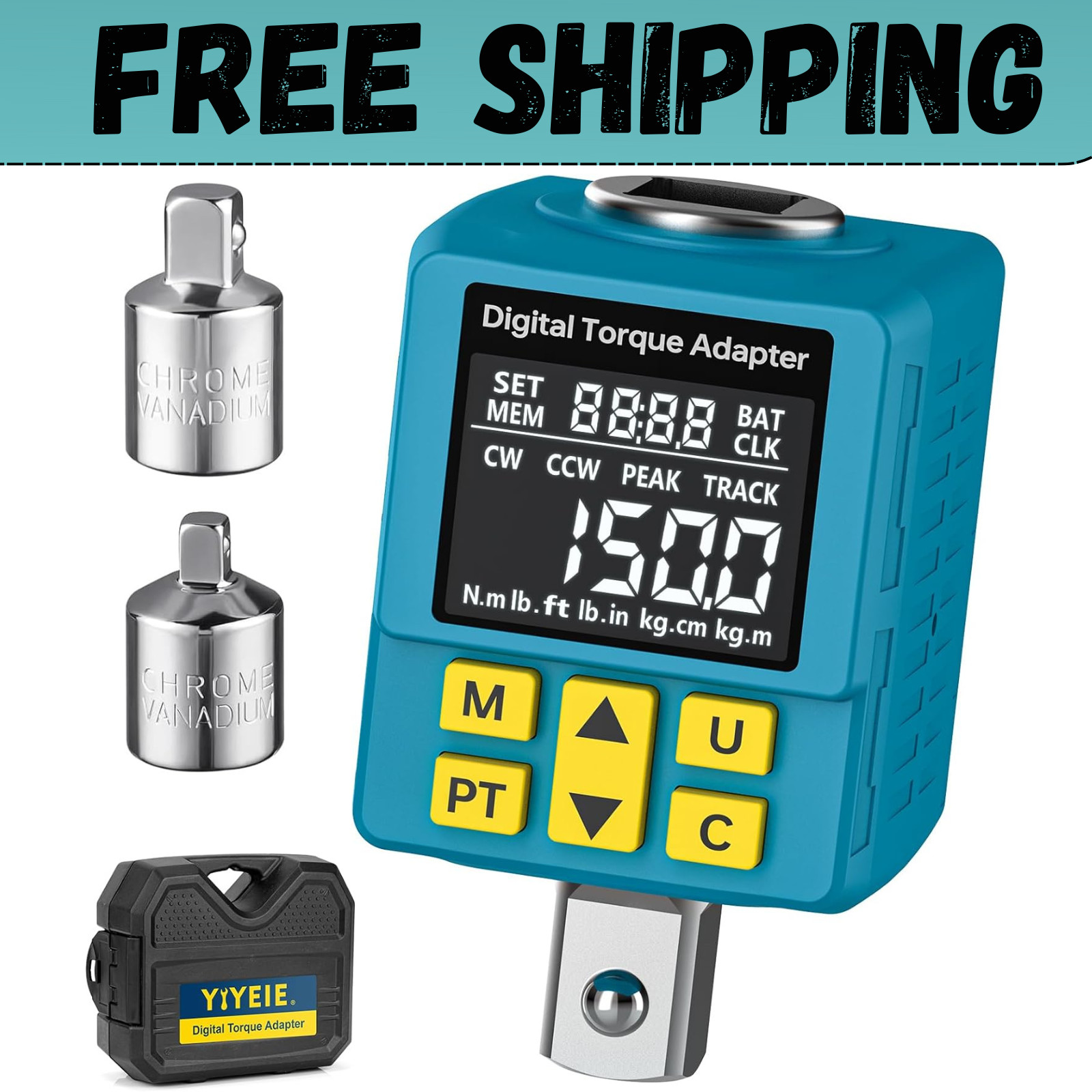 1/2" Digital Torque Adapter, (±1% Accuracy, 7.4-150Ft-Lb) Digital Torque Wrench