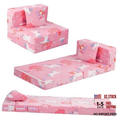 Foldable Futon Chair Bed for Kids, Glow Tri-fold Sofa Bed Pink Fairy