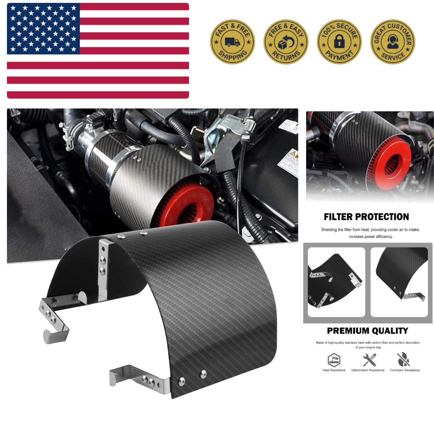 Universal Air Intake Filter Cover Heat Shield Stainless Steel Carbon Fiber Bl...
