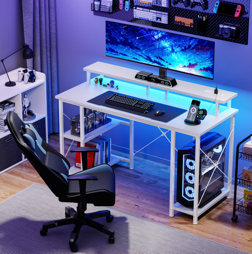 Gianna 48-Inch Gaming Desk with LED Lights, Power Outlets, Monitor Stand, App-Co