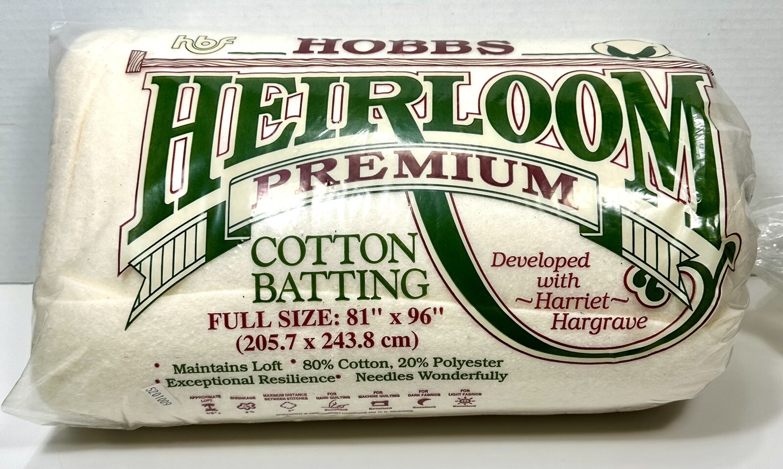 Hobbs Heirloom Premium Cotton Batting Wadding Full Size 81 x 96 inch (Full)
