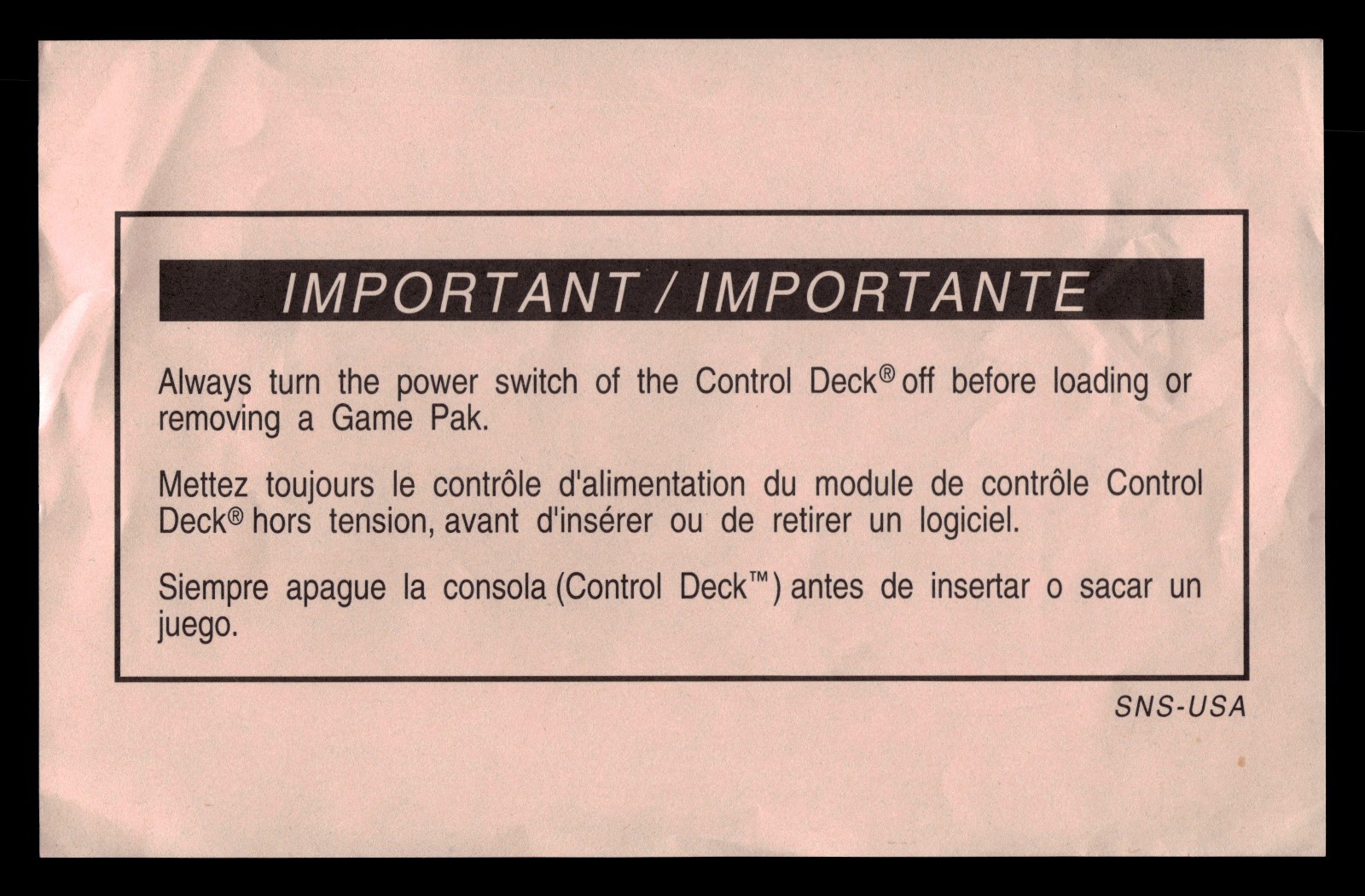 Nintendo SNES "Important Turn Off Control Deck When Inserting" Insert [SNS-USA]