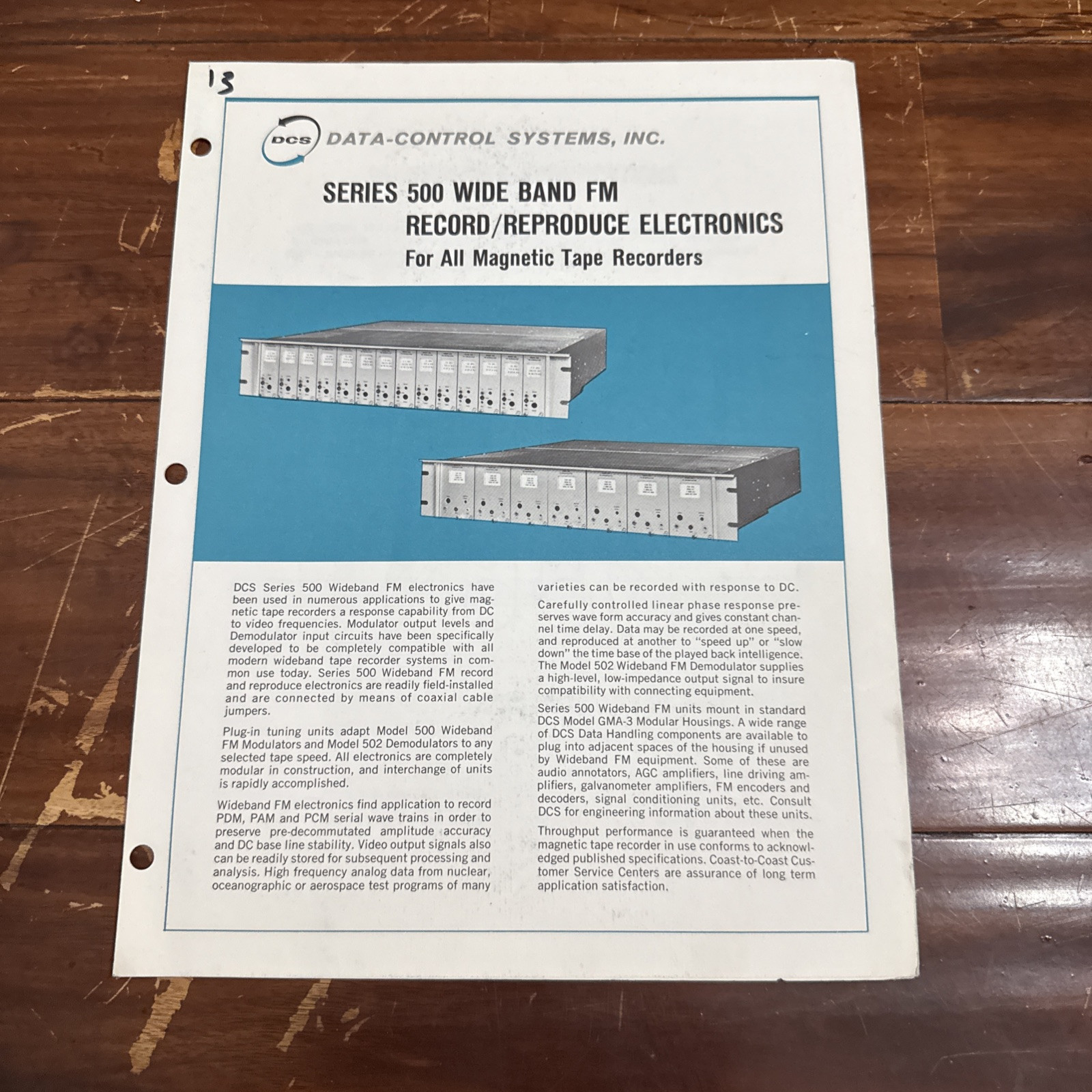 DCS Data-Control Systems Series 500 Wide Band FM Recorder Data Sheet