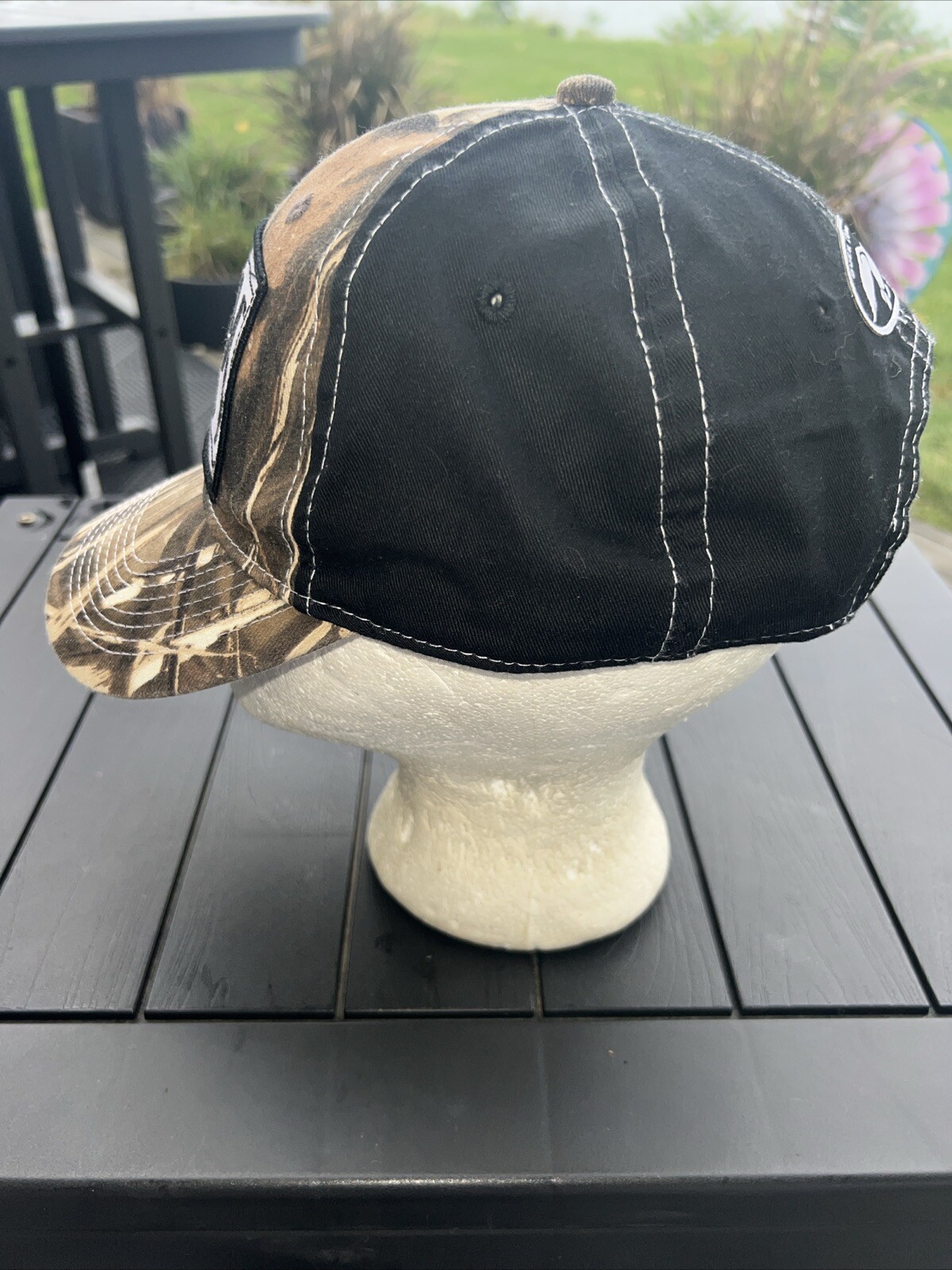 CUT’EM Duck Commander White Patch on Black w Camouflage Front Bill Hat Cap Adj
