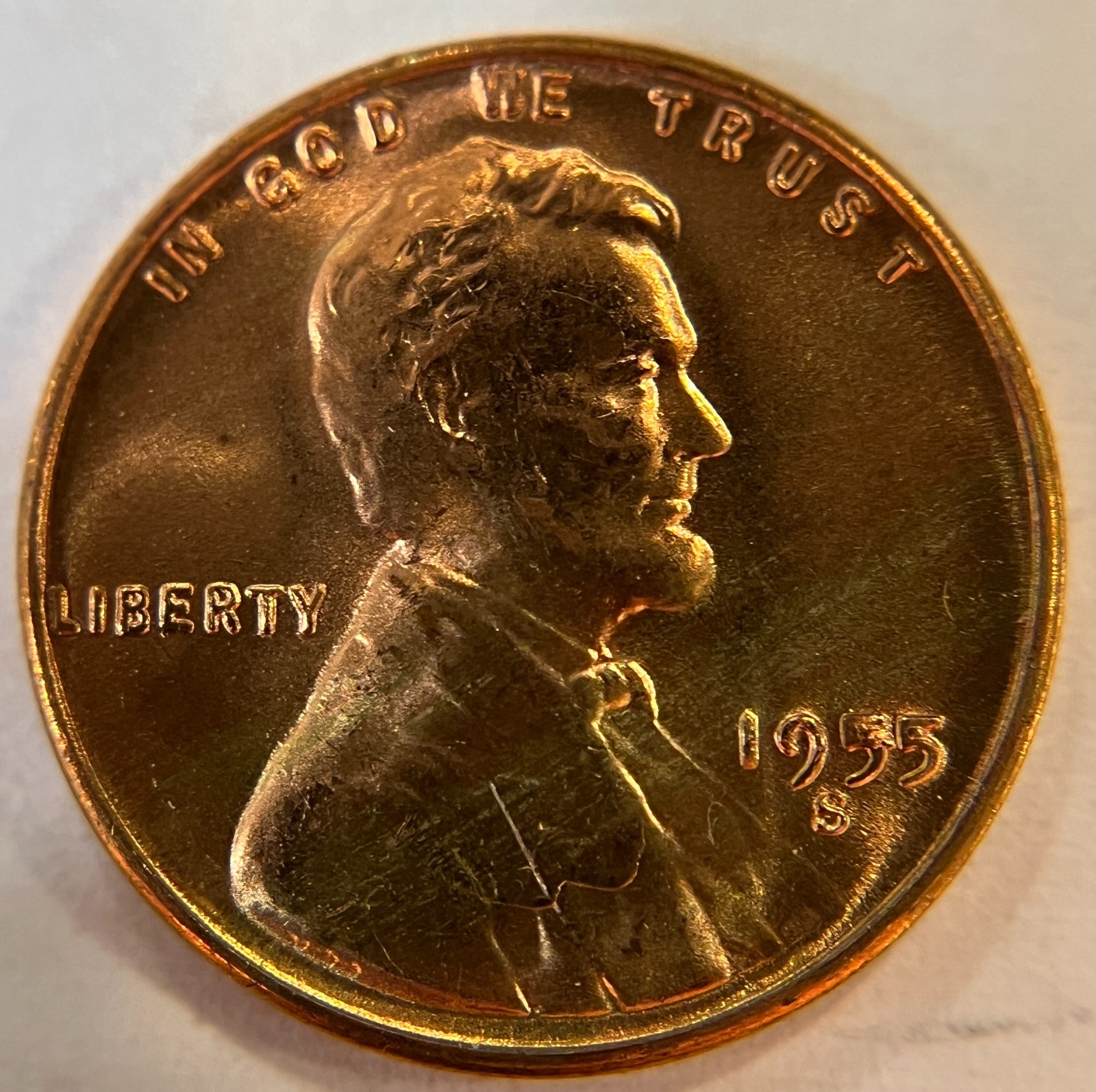 Mint Error Lincoln Wheat Cent 1955-S Filled Die Two Filled 5's - Choice Red #7