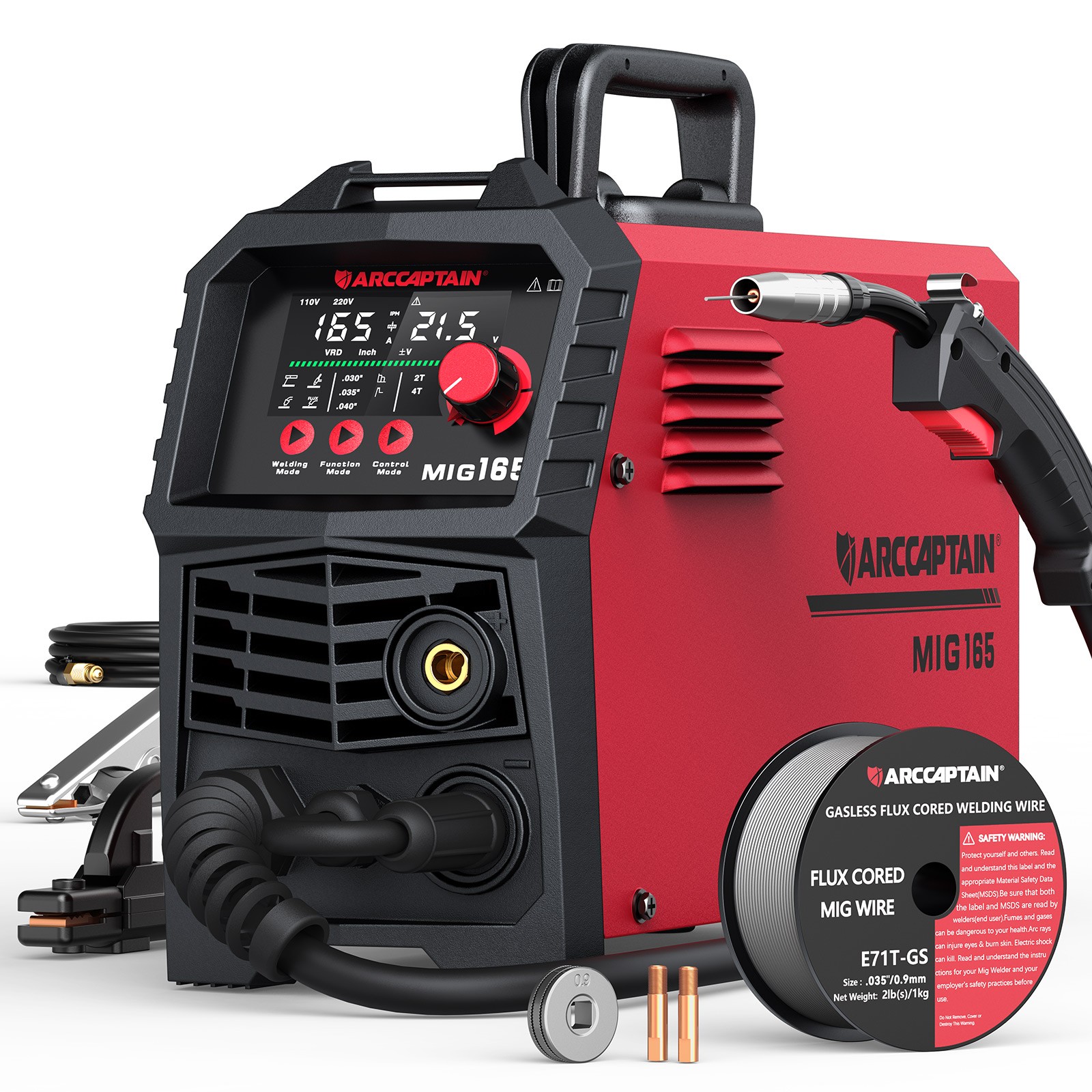 ARCCAPTAIN 165A MIG Welder 4 in 1 Gasless/Gas MIG/Lift TIG/Stick Welding Machine