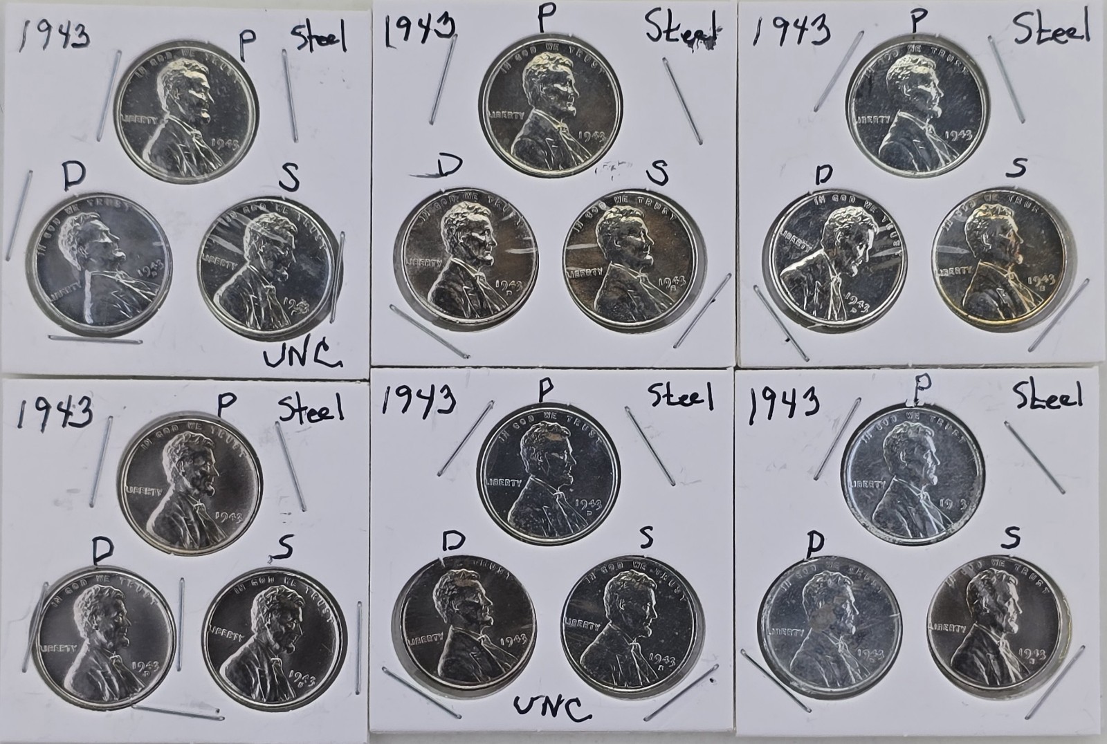 WWII 1943 P D S STEEL Wheat Head Lincoln Cent 3 Coin Set Lot of 6 Sets Some UNC