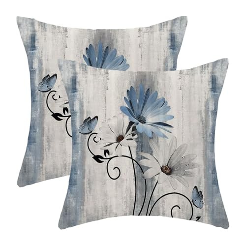 Spring Floral Pillow Covers 18x18 Inch Set of 2, 18" x 18" (Pack of 2) Blue