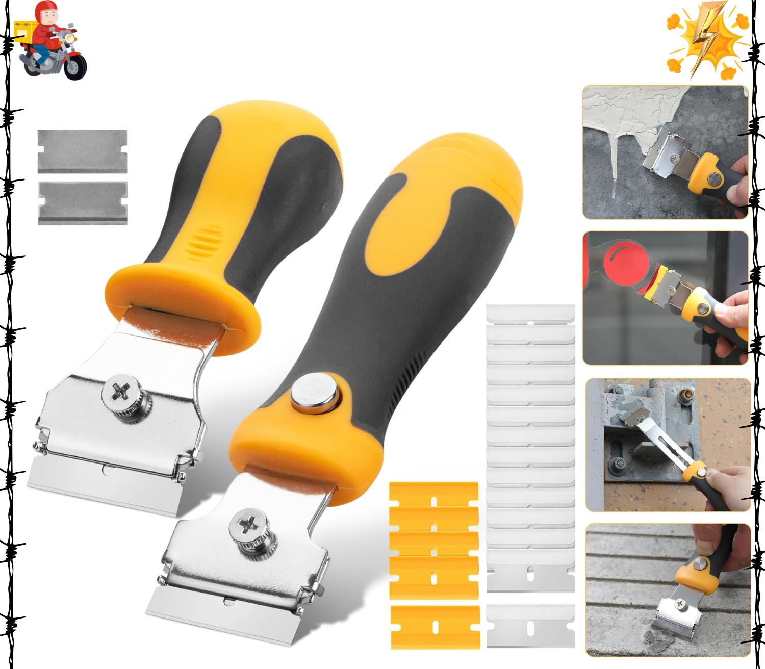 2 Razor Blade Scraper Set Storage Handle 15X Steel 5X Plastic Blades Decal Tool