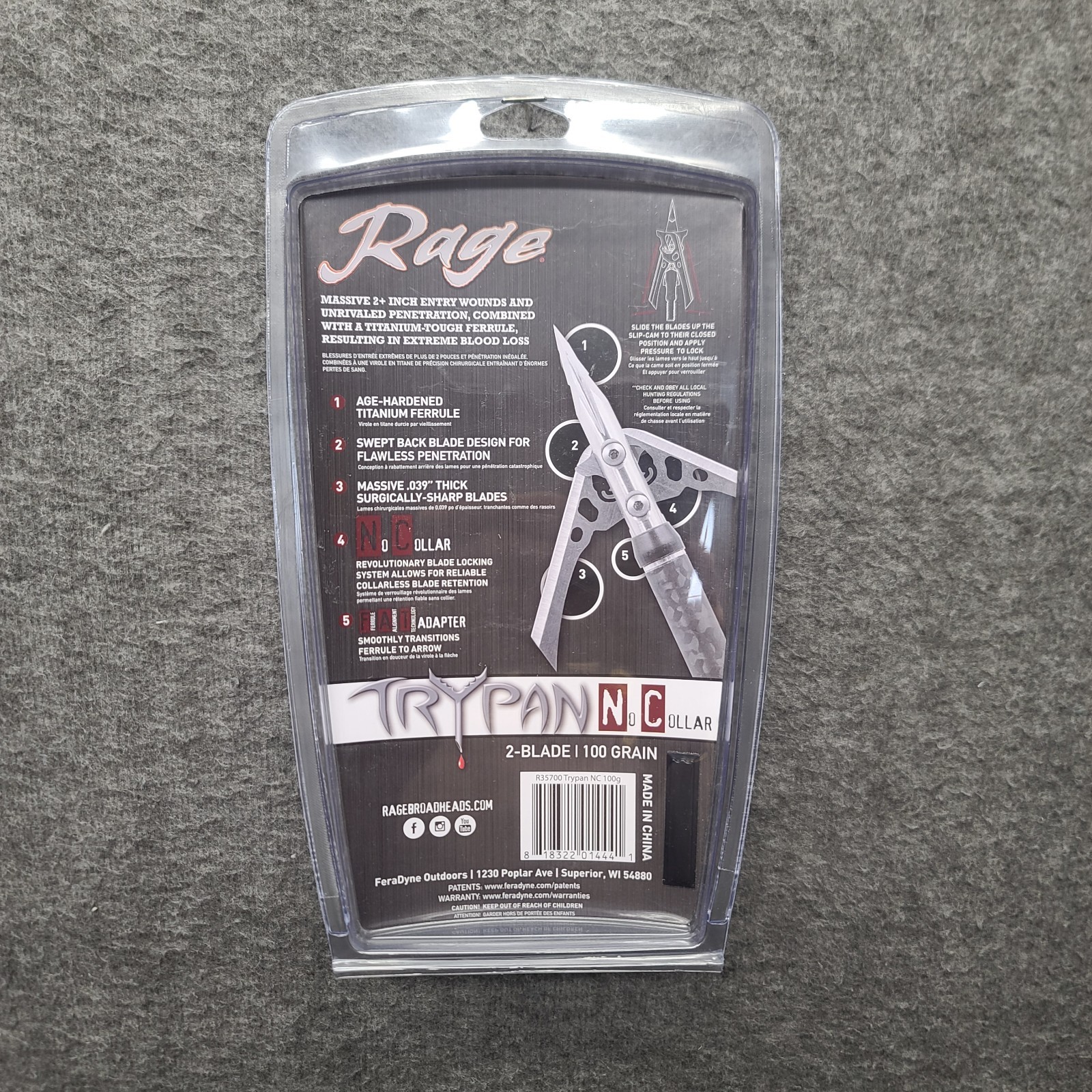 Rage Trypan NC Broadhead 100gr 3 Pack R35700 Titanium Rear Deploy