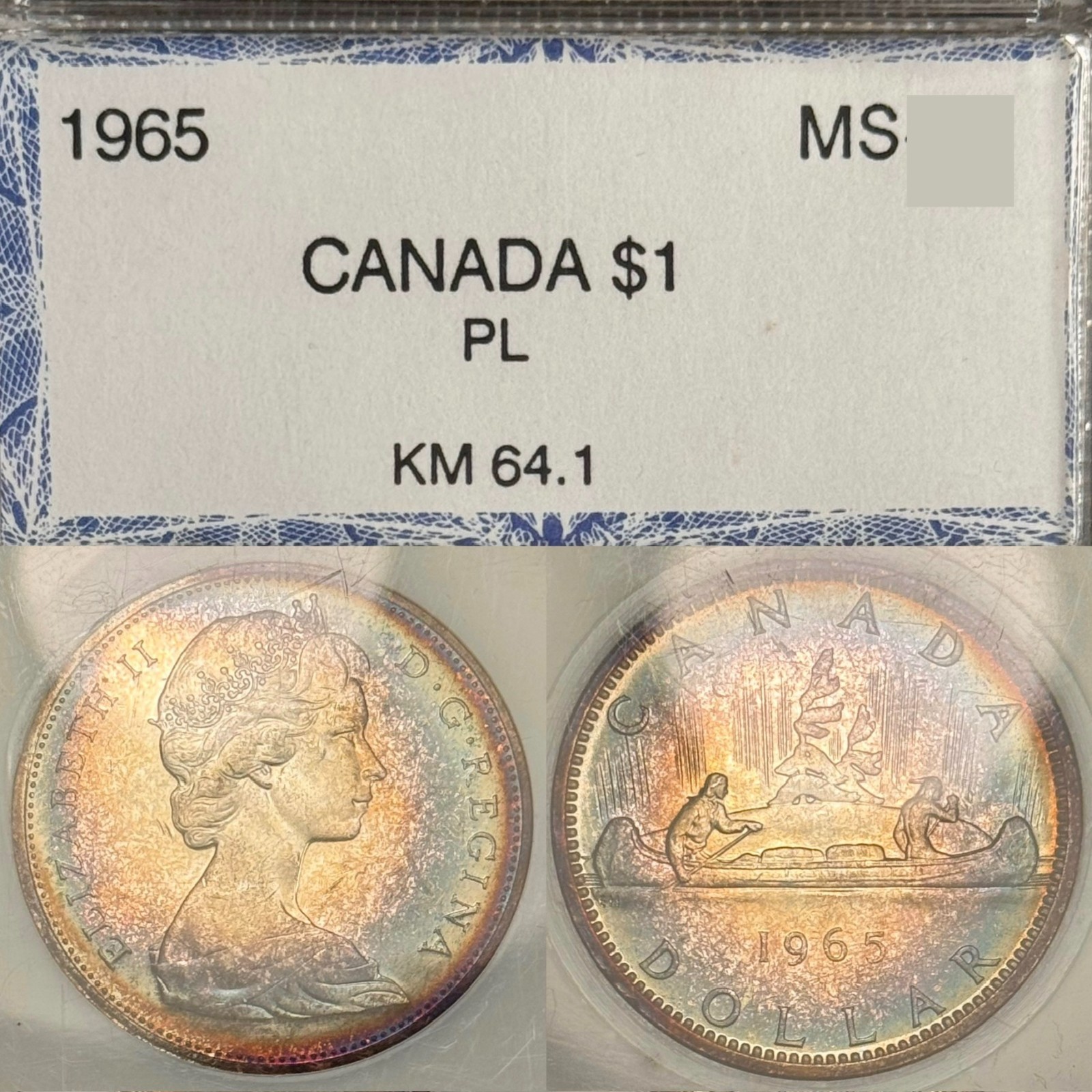 1965 PL $1 Canada Silver Voyageur Dollar PCI *Ungraded*- BEAUTIFUL Rainbow Toned