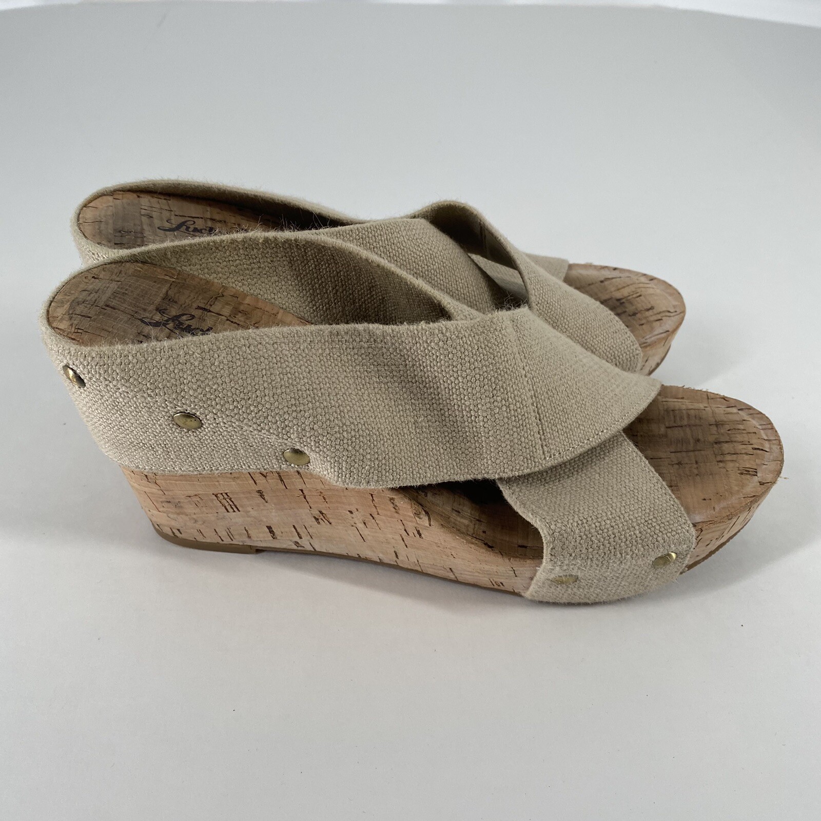 Lucky Brand Womens Beige Cross Over Strap Miller Cork Wedge Sandals Size 7M
