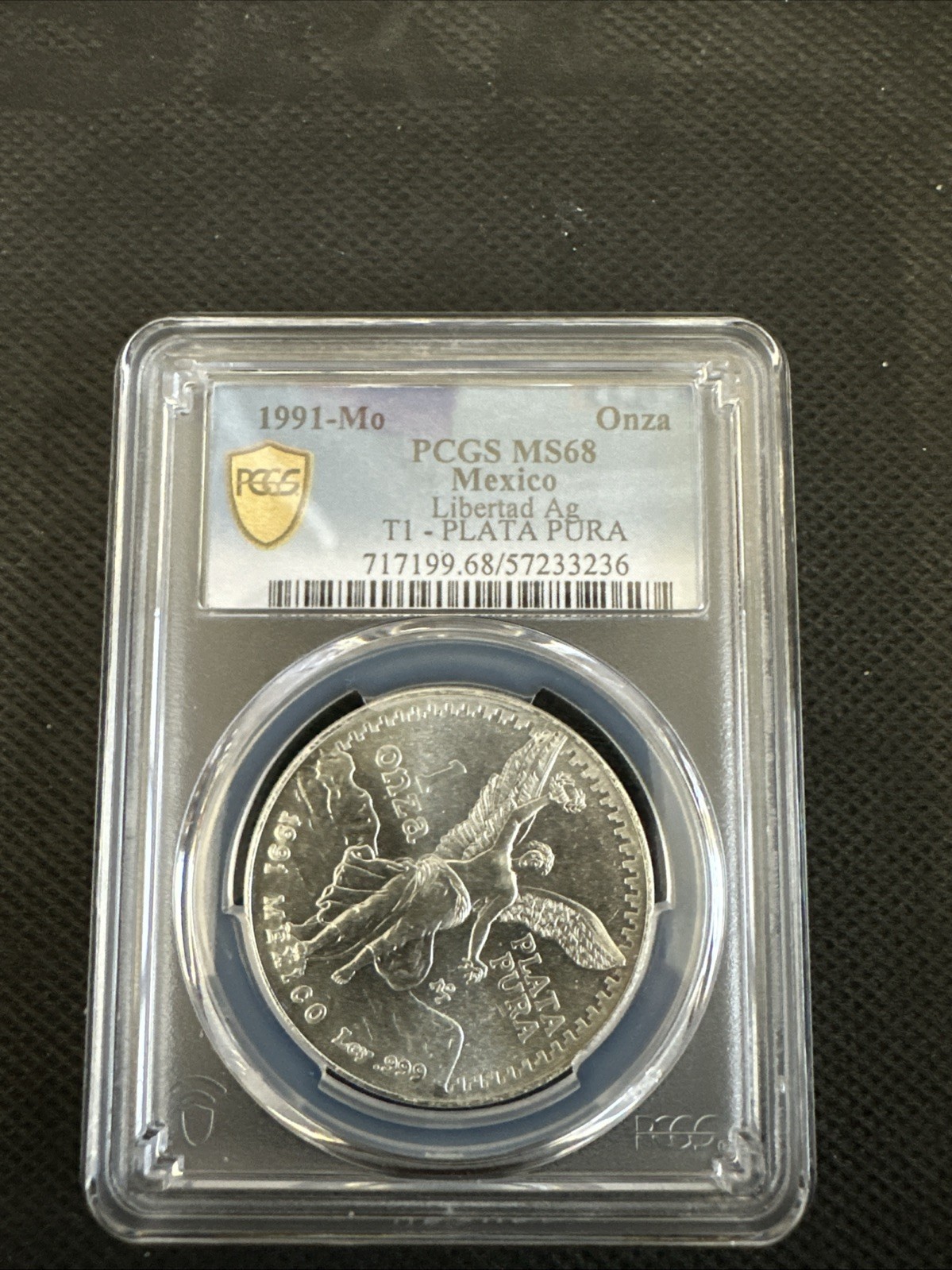1991-Mo MS68 Type 1-Libertad-1 oz .999 Silver Gold Shield Coin PCGS-Mexico Onza
