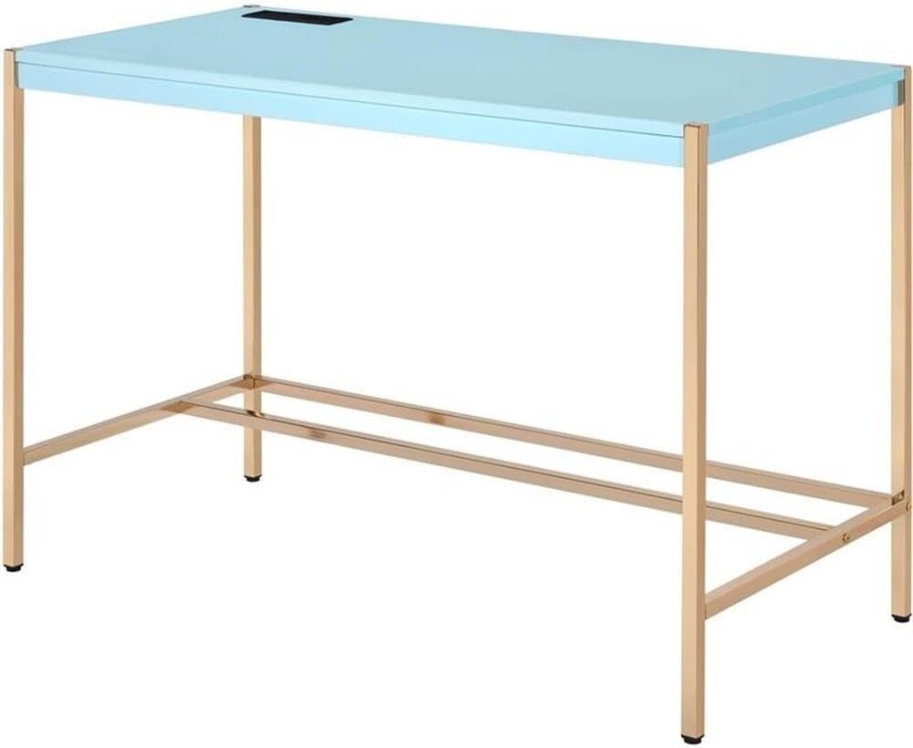 Acme Midriaks Wooden Top Writing Desk with USB Port in Baby Blue and Gold