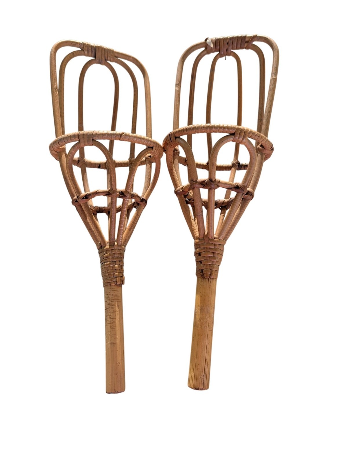 Vintage Woven Rattan Handheld Toss Game Baskets - Rustic Boho Pair For Indoor Or