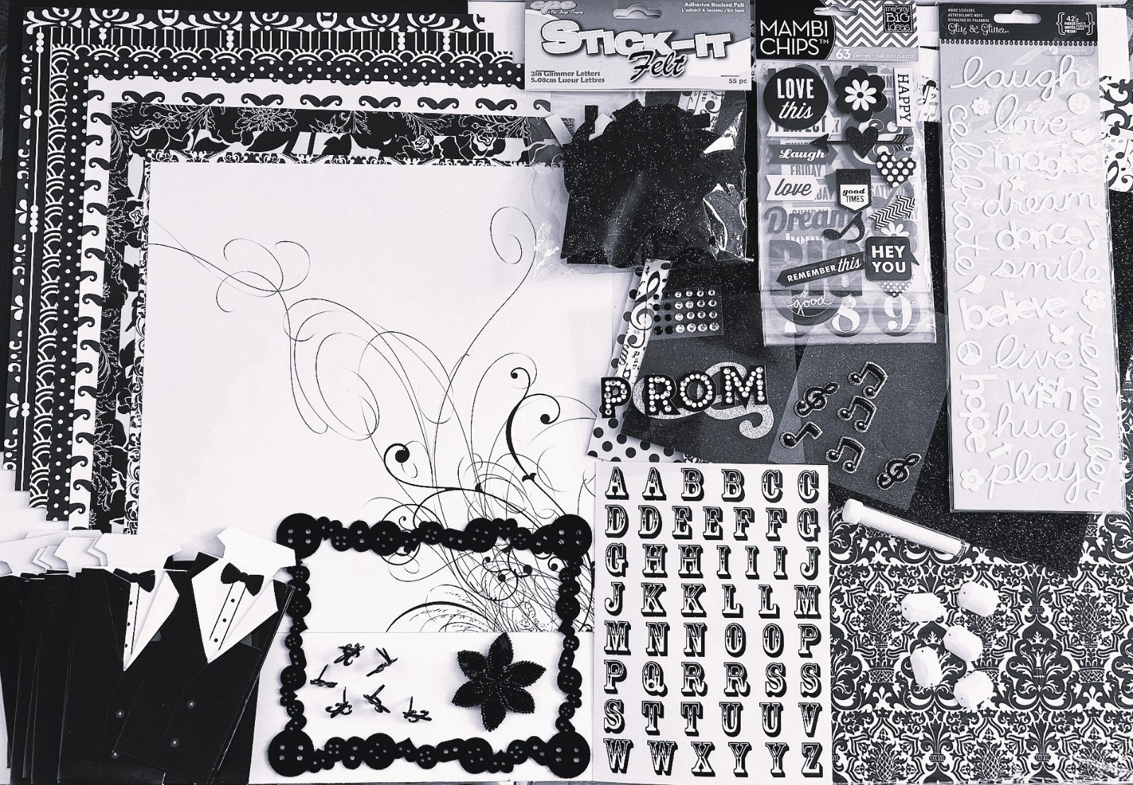 BLACK & WHITE 12X12 PAPER FLEUR DE LIS RHINESTONES, GLITTER, STICKERS LOT 310 PC