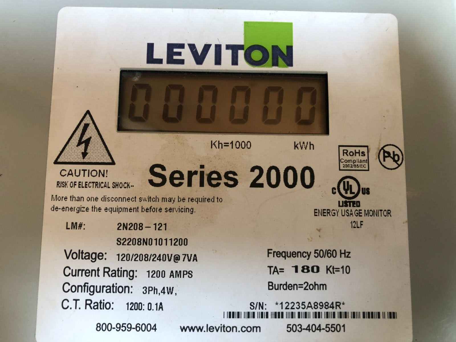 Leviton Sub-meter Power Meter Indoor 120/208/240V 3 Phase 4 Wire 1200 Amp