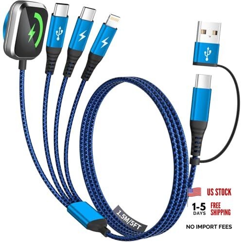 Multi Charging Cable for iPhone Watch Charger, 4 in 2 USB A/C 1PCS&5FT 1 Blue