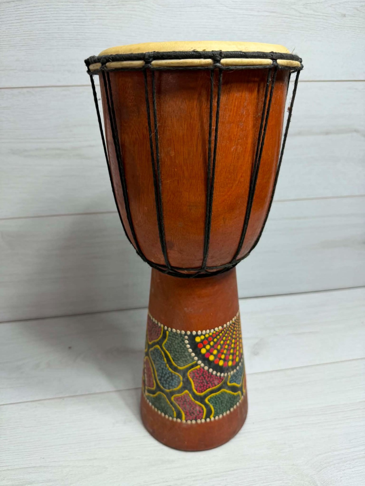 Hand Carved Wooden Djembe Drum 41cm Dot Painted Percussion Bongo African Style