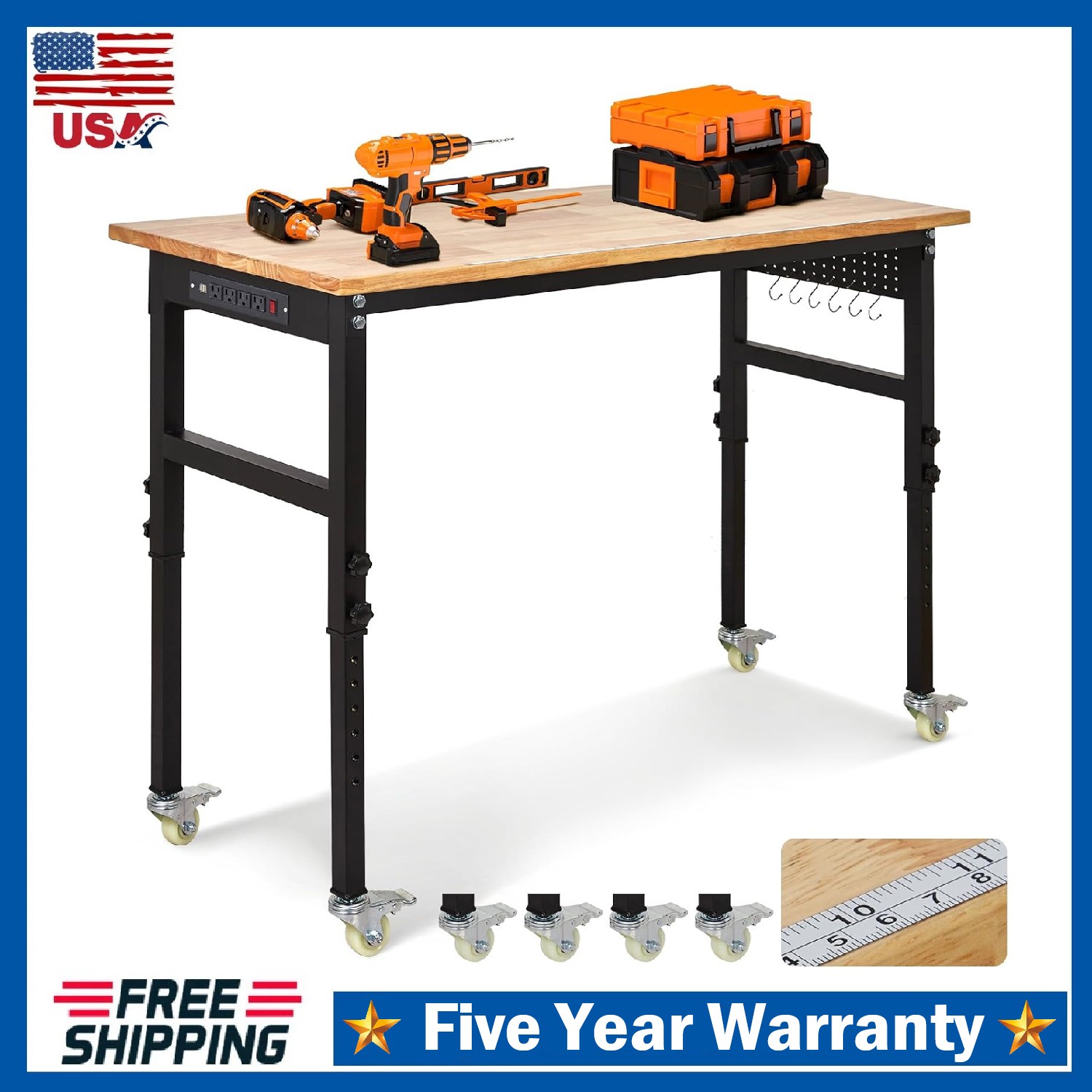 Adjustable Height Workbench 60"x24" Work Bench Table 2000 Lbs with Power Outlet