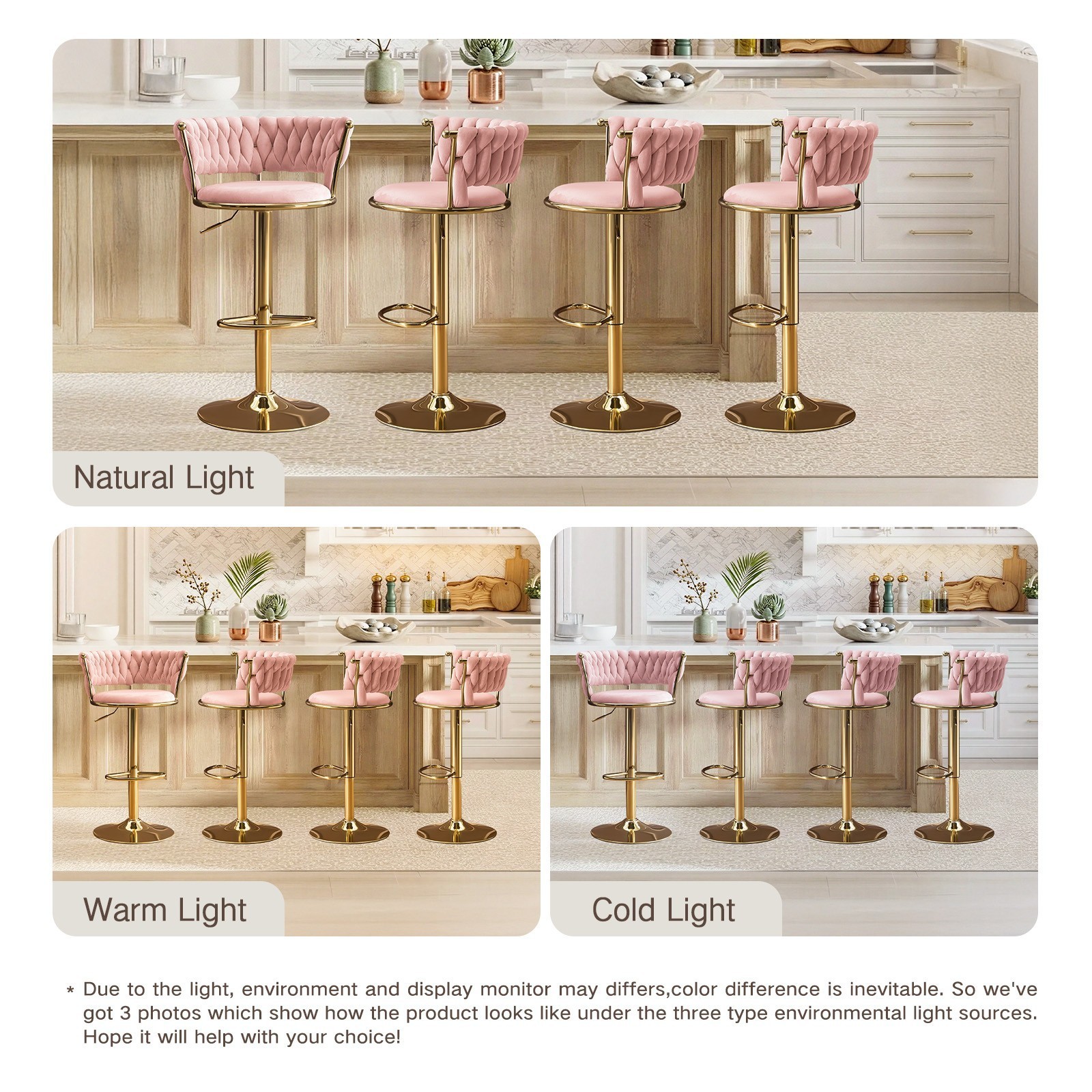 2× Swivel Bar Stools,Adjustable Height,Quality Velvet Upholstery,w/Back&Footrest