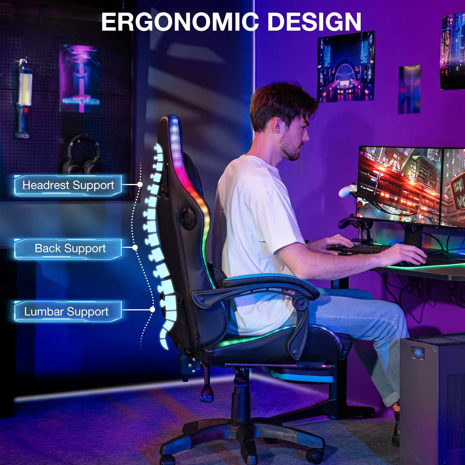 Big and Tall Gaming Chair with Speakers and RGB Lights, Gamer Chair with Footres