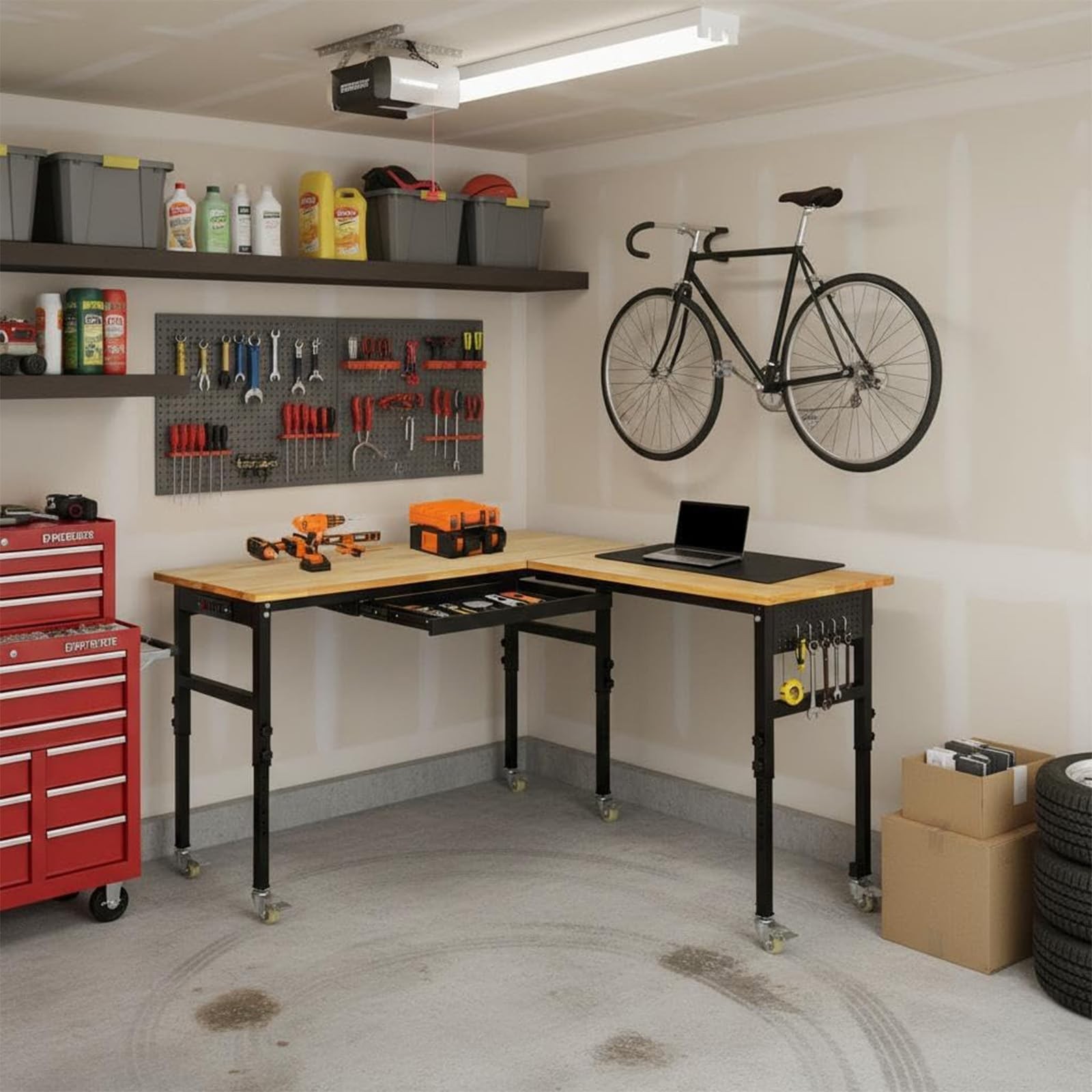 Heavy Duty 130" l-Shaped Adjustable Workbench w/ Wheels 2000 Lbs Capacity Drawer