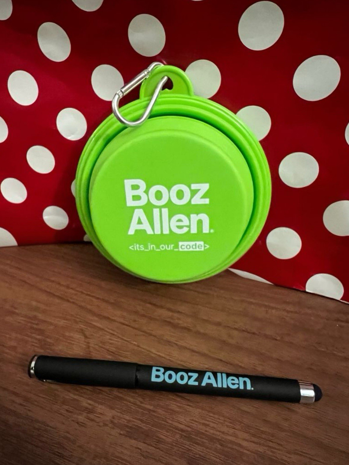 New Booz Allen Swag Logo Lot Green Collapsible Dog Bowl Clip & Pen Employee Item