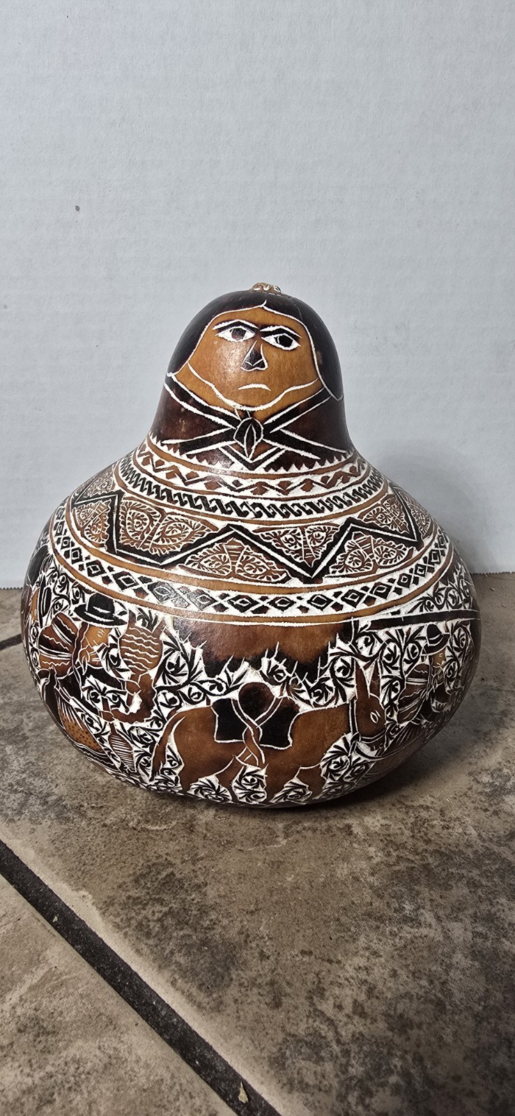 Peruvian Folk Art Hand Carved Painted Gourd Figurine Rattles 5" VTG Donkey Bull