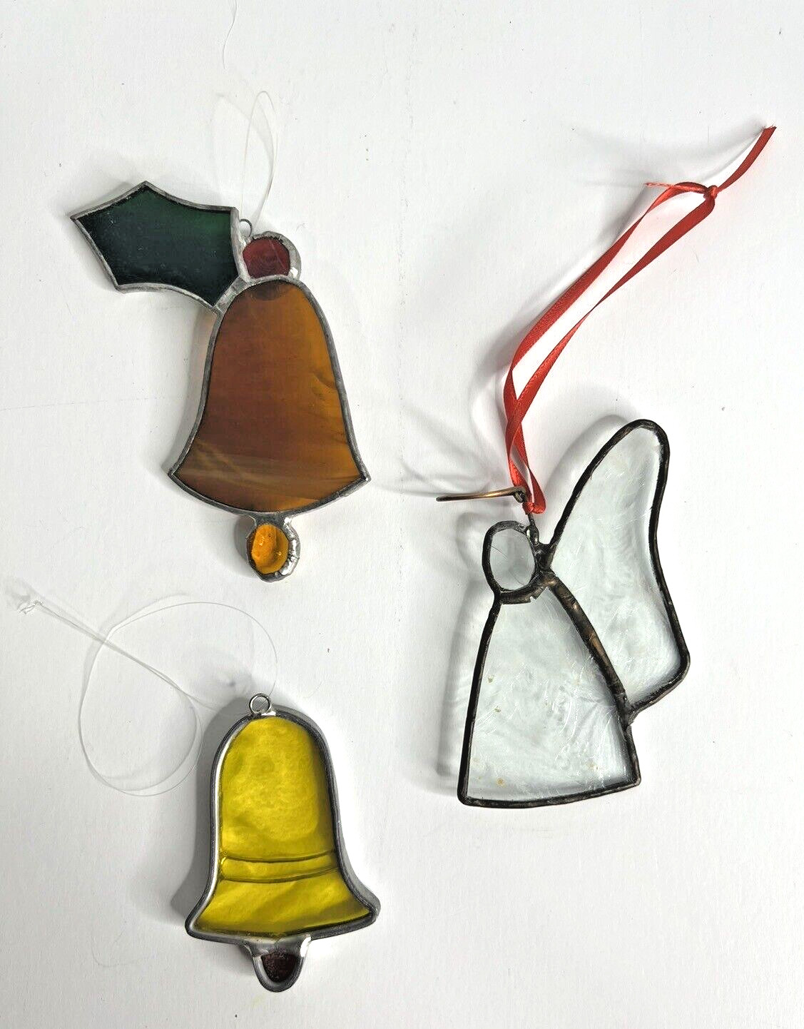 3 Stained Glass Christmas Window Suncatchers Glass Bells Holly & Angel Red Green