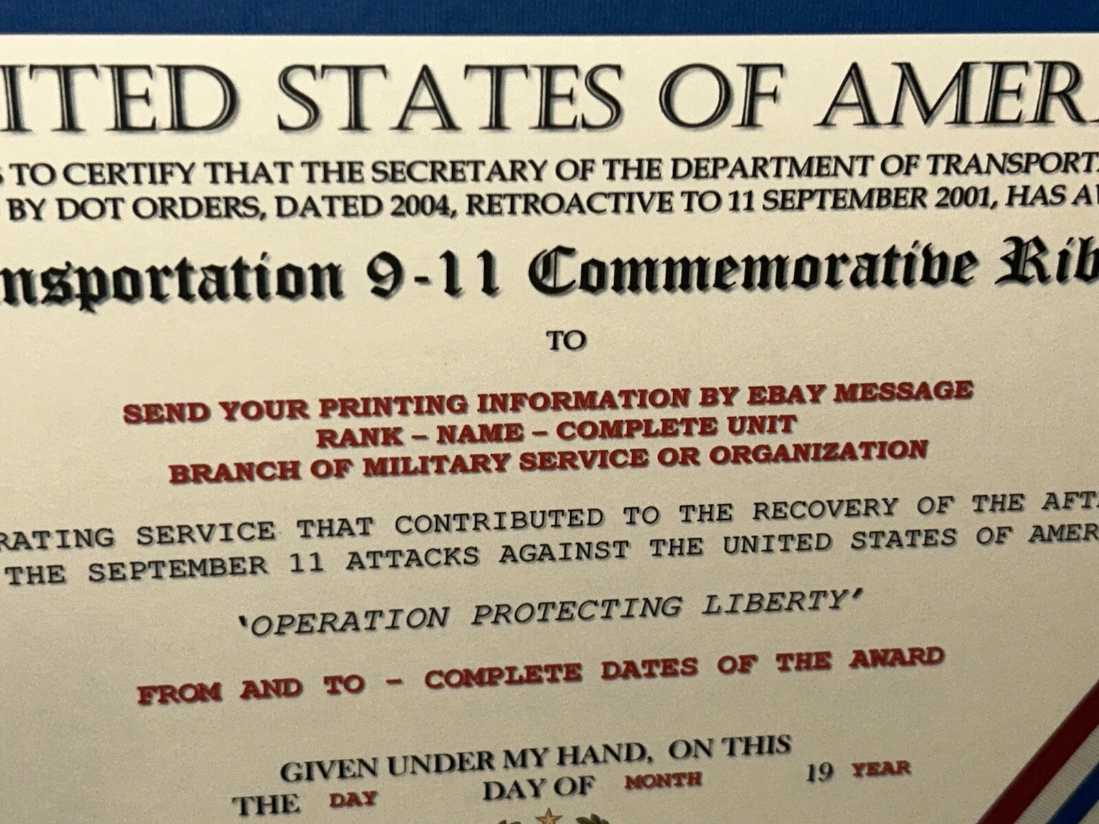 COAST GUARD / TRANSPORTATION 9-11 COMMEMORATIVE CERTIFICATE ~ W/PRINTING TYPE-1