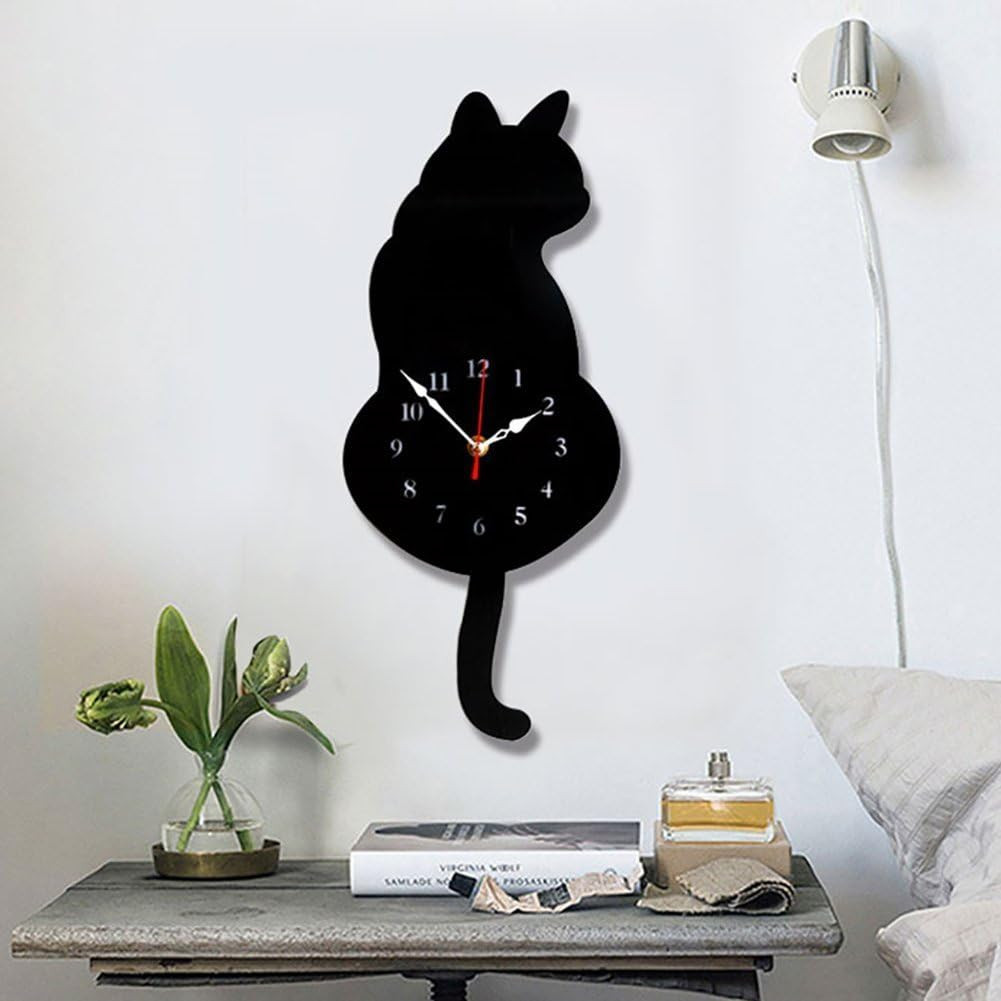 Wall Clock Creative DIY Cat Acrylic Wall Clock with Swing Tail Pendulum for Livi