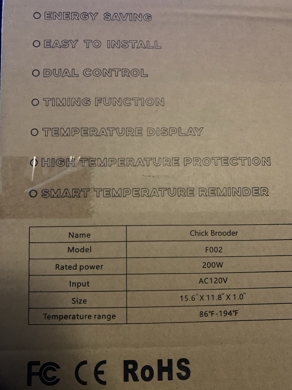 Chick Brooder Heater with Adjustable Temp (86~194℉) & 12H Timer & Height & Angle