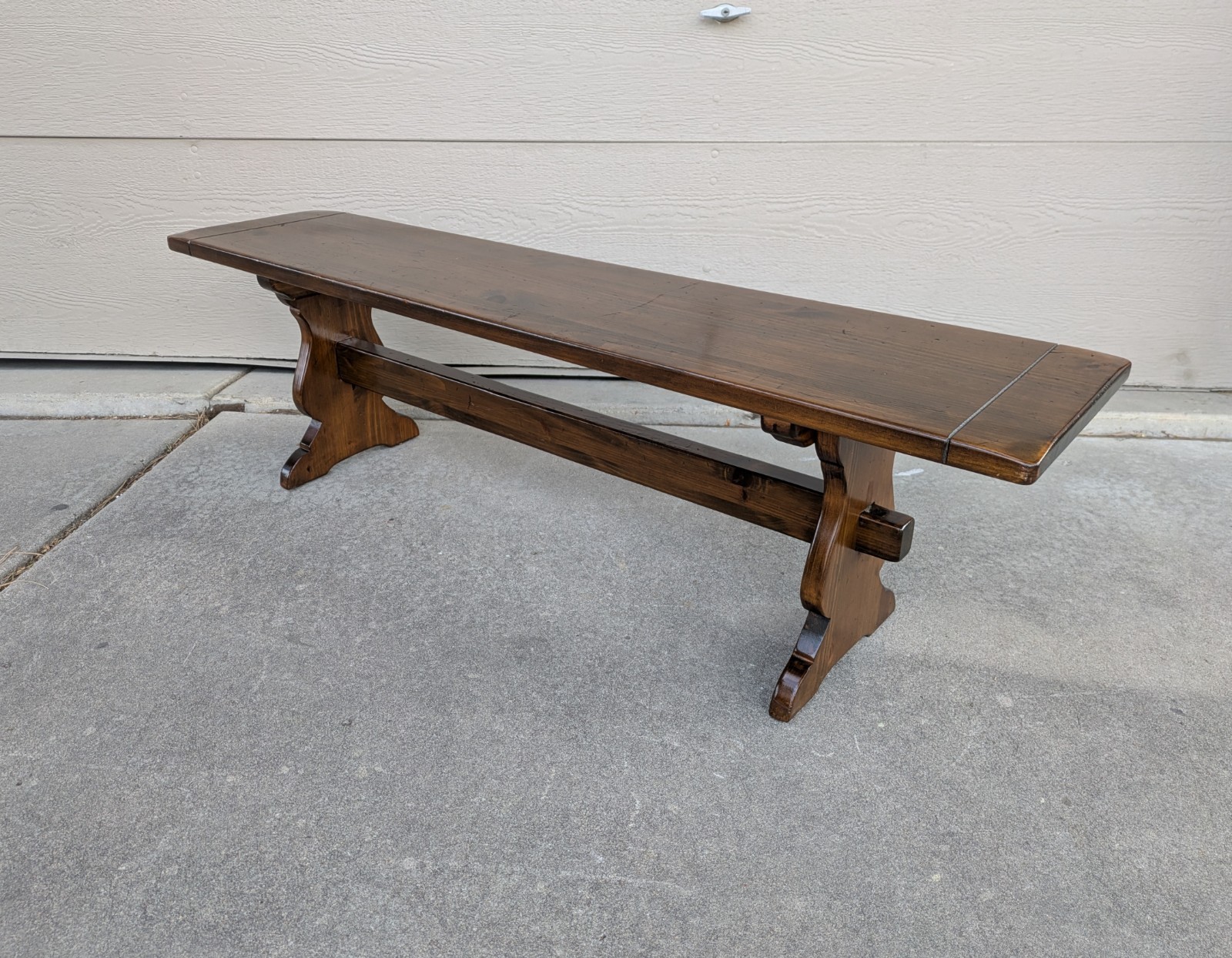 Vintage Ethan Allen Old Tavern Rustic Antiqued Pine Wood Trestle Bench